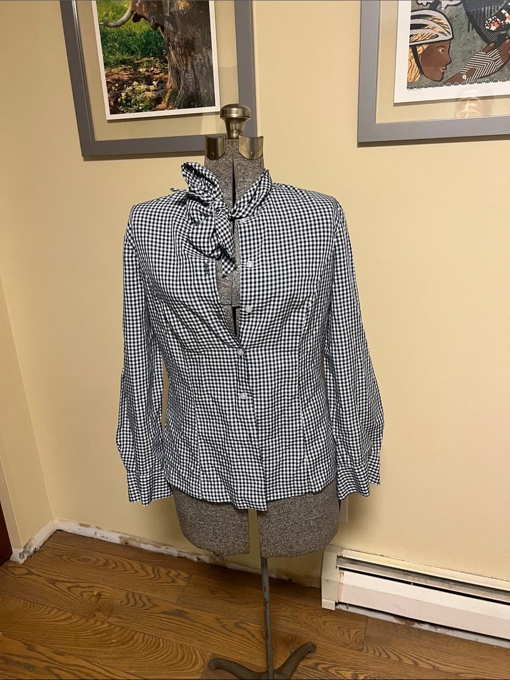 Classic Black & White Gingham Tie-Neck Button-Down Shirt - Picture 3 of 8